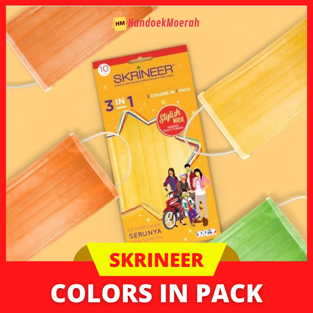 (Isi 5pcs - 1 ply) Masker Skrineer Earlop Mix Color (Orange, Hijau, Kuning)