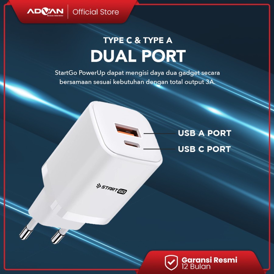 Kepala Charger ADVAN STARTGO PU25W 25Watt 3A QC3 PD3.0 USB A + USB C