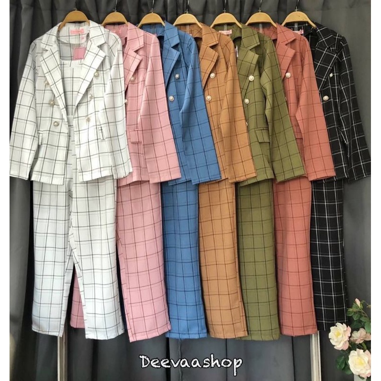 BJ - Set blazer 3 in 1 celana kotak 8992 7 warna import bangkok