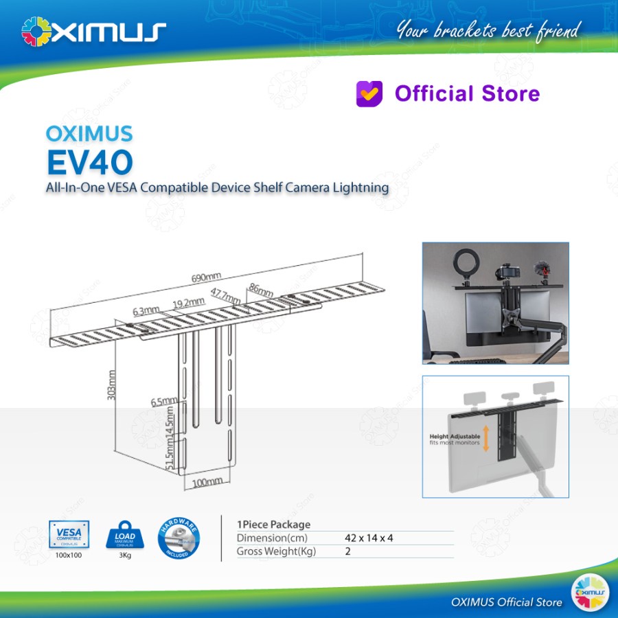 All in One VESA Compatible Device Shelf Camera Lightning OXIMUS EV-40