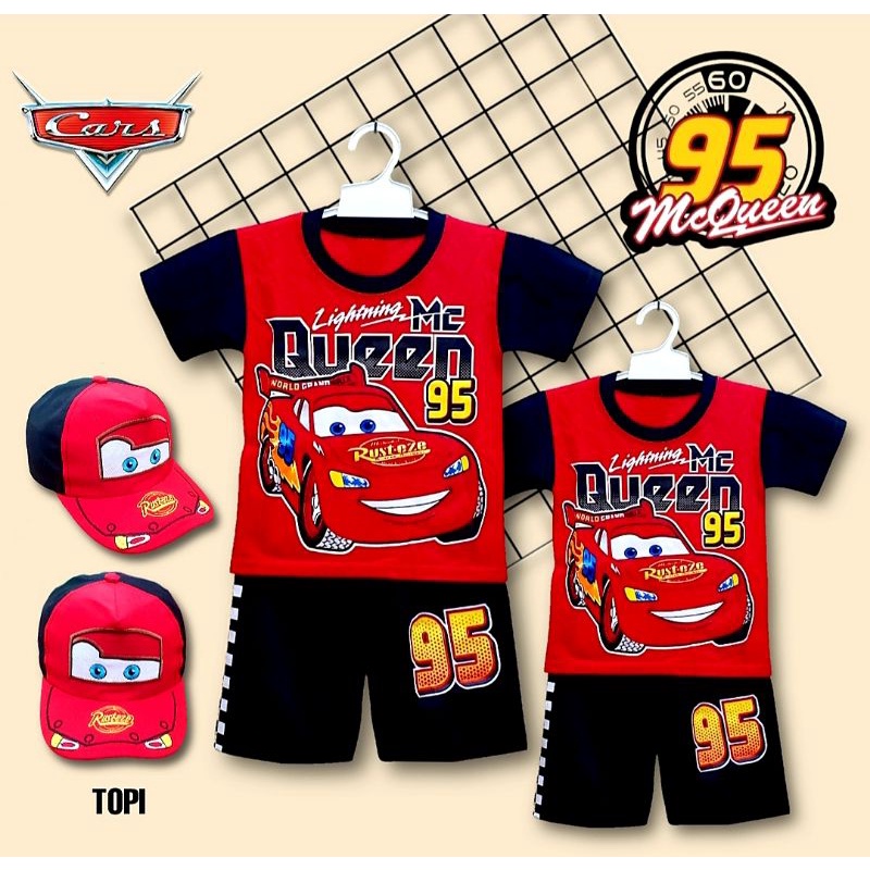 SETELAN ANAK KARAKTER CARS MCQUEEN USIA 1-10THN DAPAT TOPI/SETELAN MCQUEEN CARS/TOPI MCQUEEN