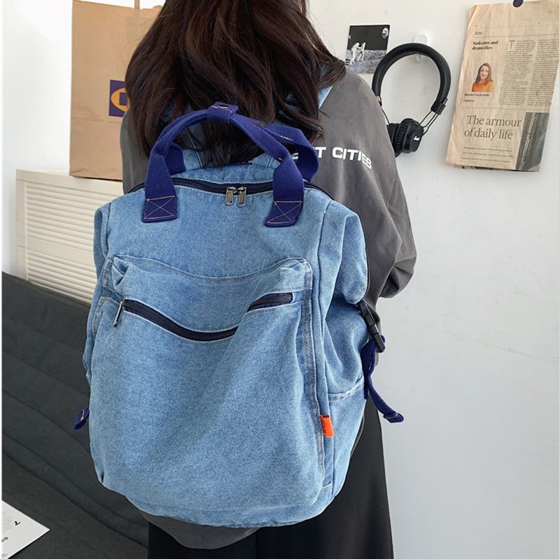 ◇☈Sastra Mori dan Seni Vintage Tas Sekolah Wanita Versi Korea Siswa SMA Melakukan Ransel Denim Tua Ransel Wanita