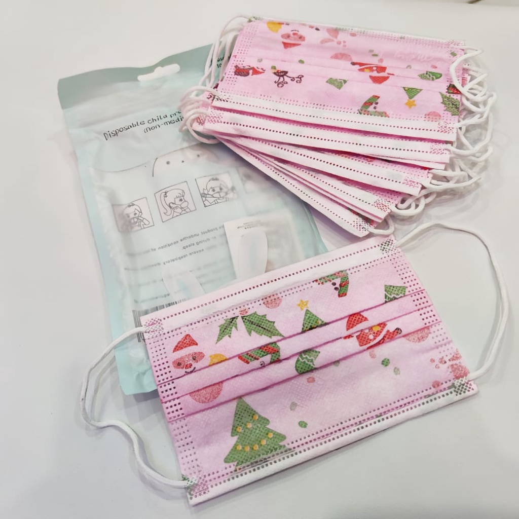 Edisi Natal Masker Anak isi 10pcs Motif Merry Christmas X MAS Anak IMPORT Standar FASHION DISPOSABLE MASK LUCU IMUT Bisa COD