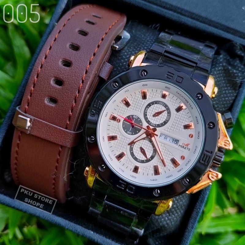 Jam Tangan Pria Mirete 2 Tali Original Rantai Stainless Steel Tanggal DAN hari Aktif Tahan Air Free Batrai Cadangan | JAM Tangan Mirete Import Pria Rantai Stainlees Steel Silver Tombol Mreah / Hitam Rosgold / FUL Black / JAM TANGAN MIRETE RIA 2 TALI