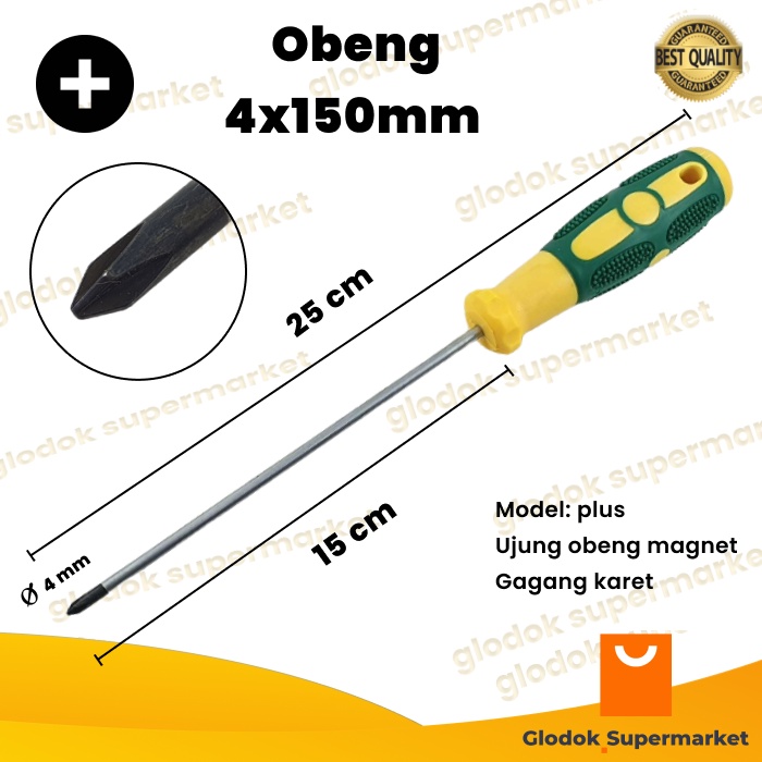 Obeng Plus 6 inch Diameter 4mm Panjang Besi 15cm Magnet Gagang Karet