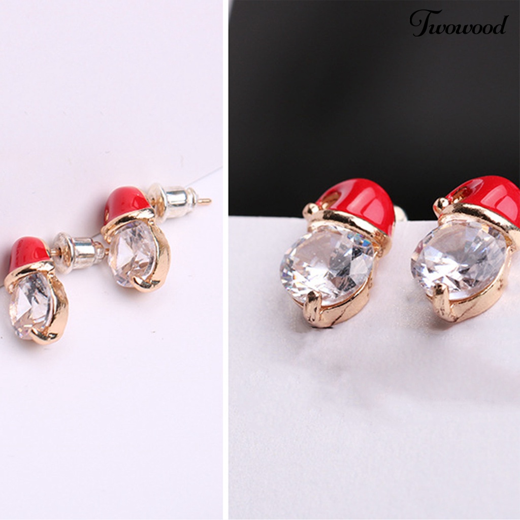 1 Pasang Anting Stud Cubic Zirconia Bentuk Topi Natal Warna Merah Untuk Wanita