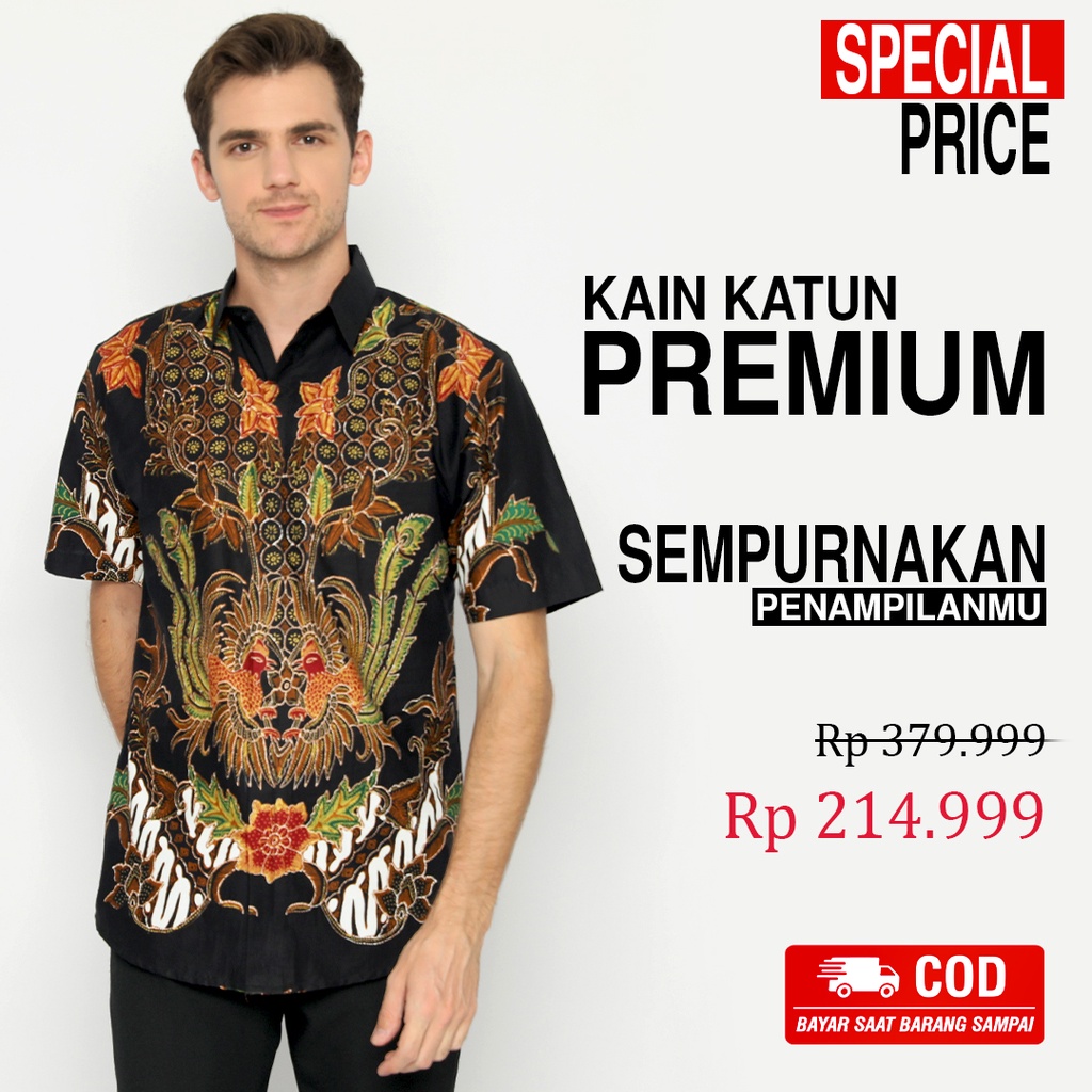 BAJU BATIK PRIA Casanova Kemeja Slimfit Lengan Pendek Premium Motif Elegant Warna Hitam Orange 728619 Cap 72 - Baju Kemeja Atasan Pakaian Setelan Batik Pria Cowok Laki Laki Remaja Keluarga Kantor Lengan Pendek Modern Slimfit Slim Fit Premium Kekinian