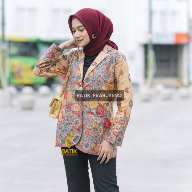 Blazer Nadhira Atasan Batik Wanita Prabuseno Original Lengan Panjang Kancing Kutu Baru Modern Jumbo 