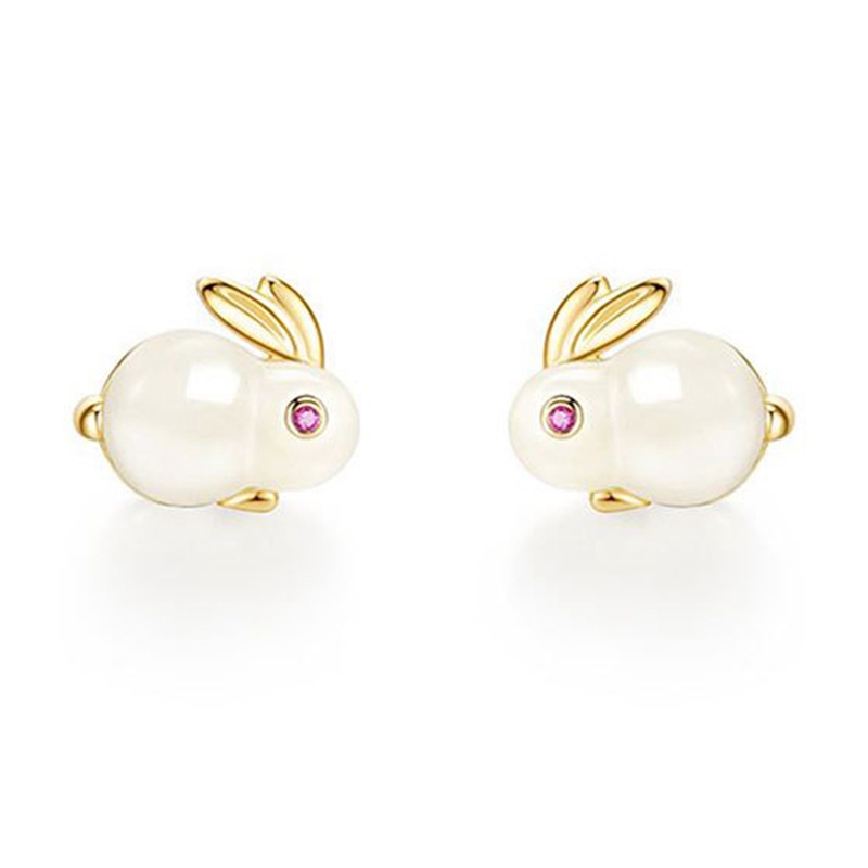Fancyqube Anting 925 Silver Needle Bentuk Kelinci Aksen Berlian Giok Gaya Korea Untuk Aksesoris Wanita