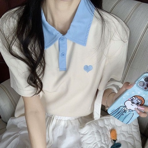 [littlecrab] Kaos Polo Cream Biru Love Bordir Baju Berkerah Motif Simple Elegan Soft Two Tone Color Berkualitas Unik T-shirt Polo Baju Kuliah Kerja Jalan Korean Style