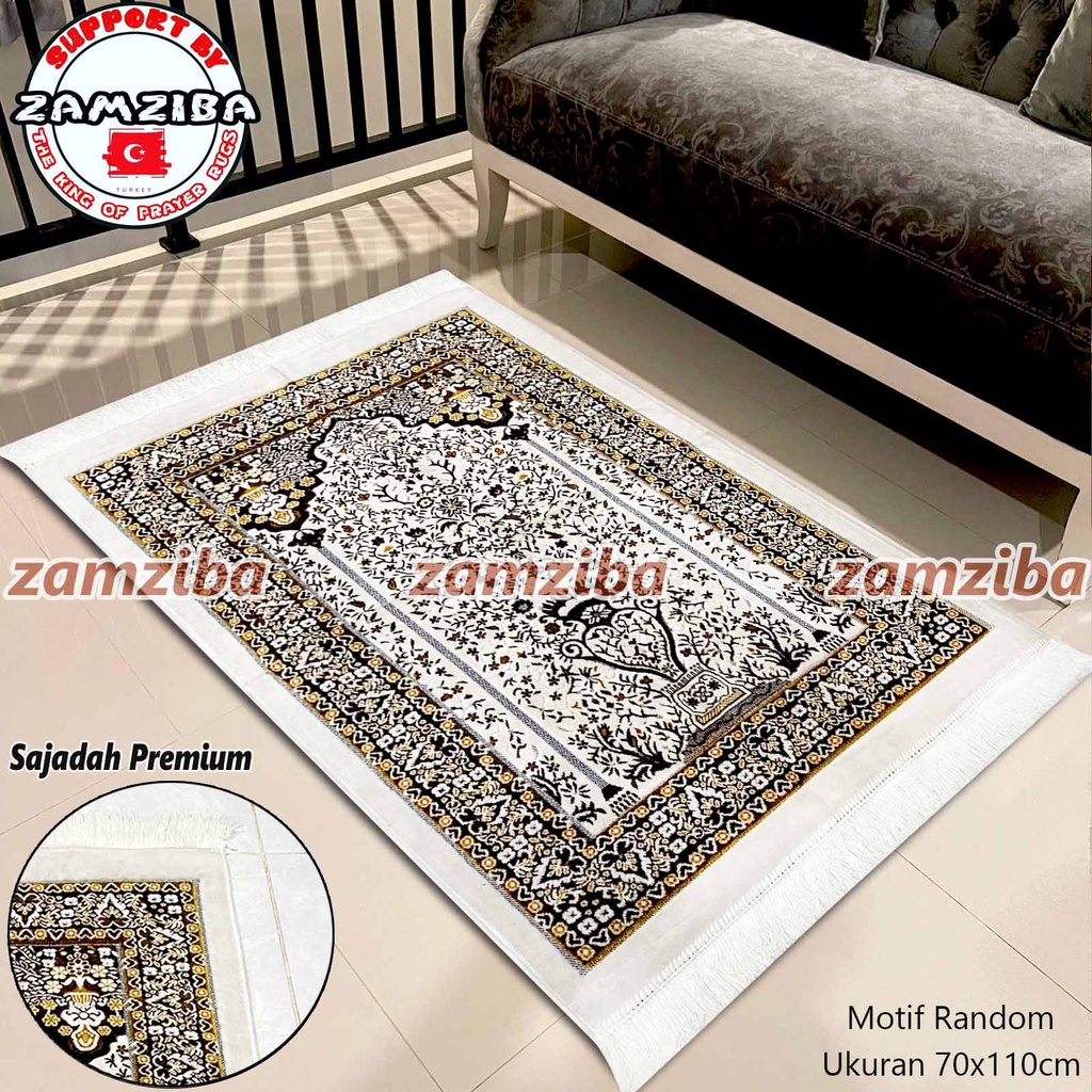 Sajadah Turki Premium Bahan Halus Warna Putih Motif Random Perlengkapan Sholat Sejadah Zamziba