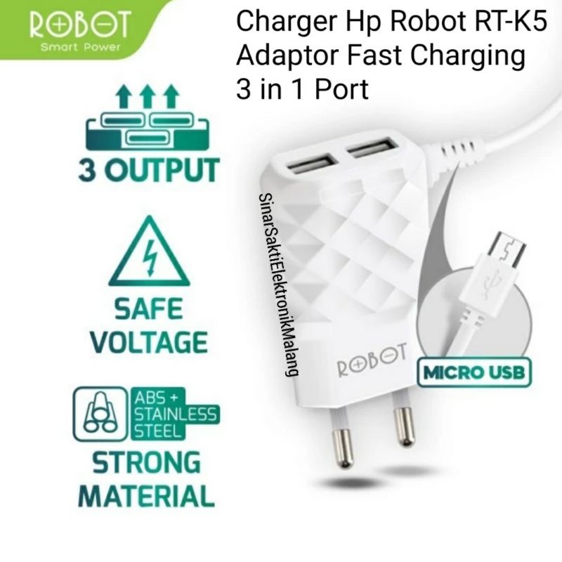 Charger Hp Robot RT-K5 Adaptor 3 Output Fast Charging 3 in 1 Port 2 Slot USB