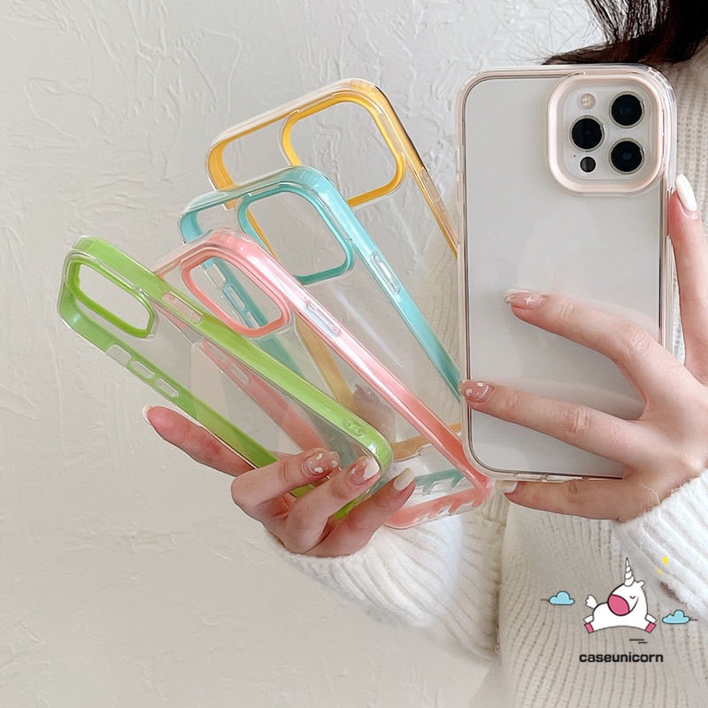 IPHONE 3-in-1 Shockproof Bumper Mewah Bening Simple Soft Case Kompatibel Untuk Iphone11 14 12 13 Pro MAX 7plus XR X XS Max7 8 14 Plus SE 2020 Permen Warna Bingkai Penutup Transparan