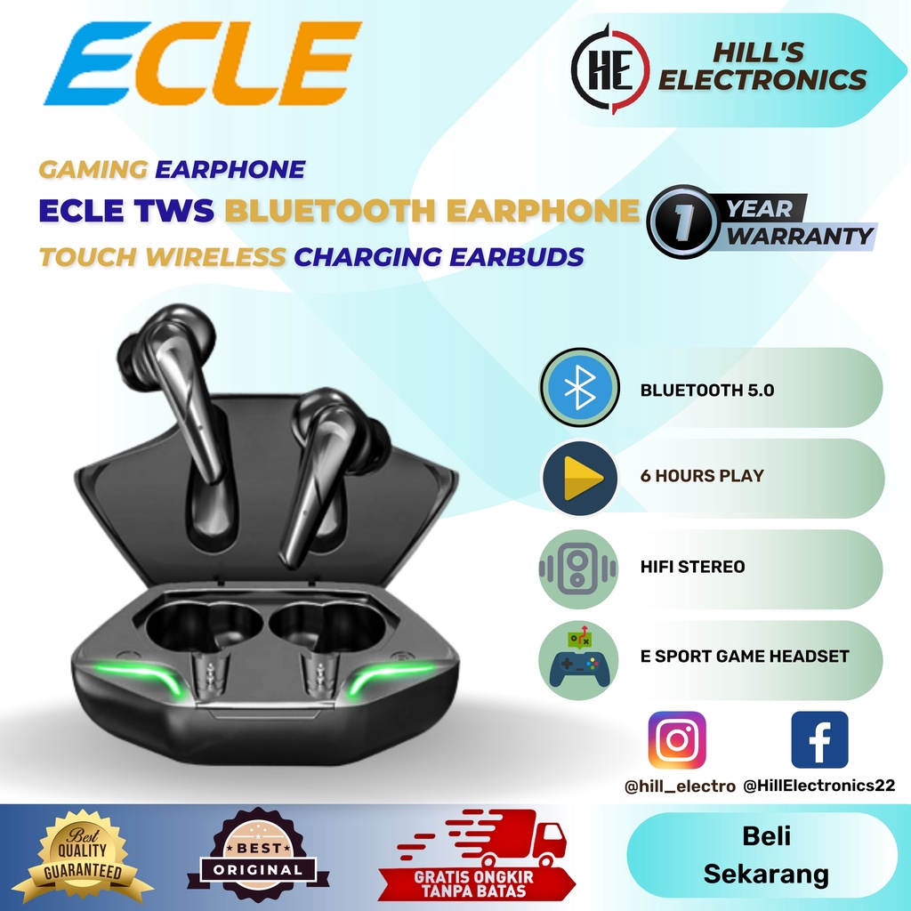 Ecle Tws Gaming Bluetooth Wireless Earphone Touch Sensors Earbuds