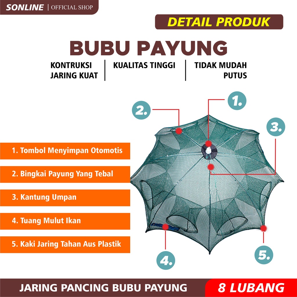 SONLINE Bubu Payung 8 Lubang Jaring Jebakan Perangkap Udang ikan Kepiting Model Payung