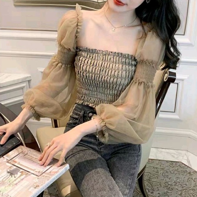2987 Baju atasan blouse CROPPED SMOCKED crop top smock lengan Baloon Lace hitam coklat Korea Korean 