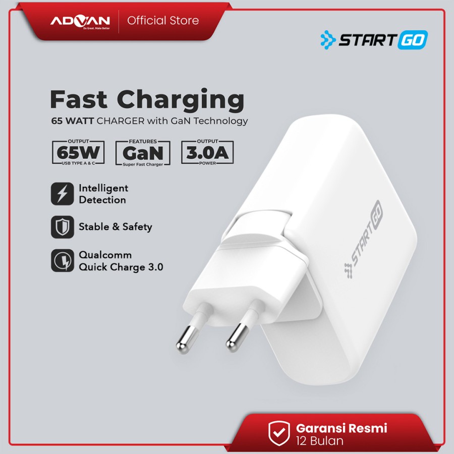 Kepala Charger ADVAN STARTGO PU65W 65Watt 3A GaN QC3 PD3.0 USB A USB C