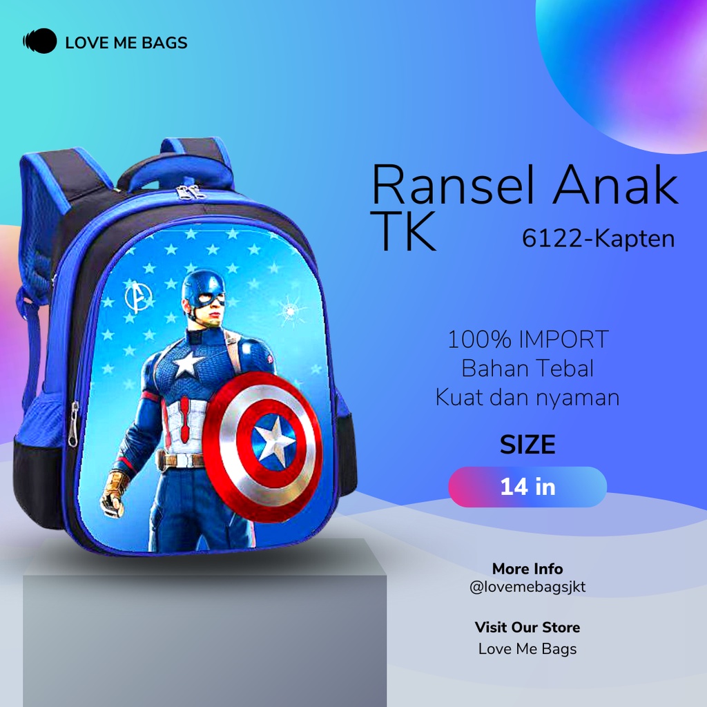 LMB Tas Anak Laki Laki TK Import Karakter Superhero Gambar Bagian Depan Timbul 6D Bahan Nilon Kualitas Premium Tebal