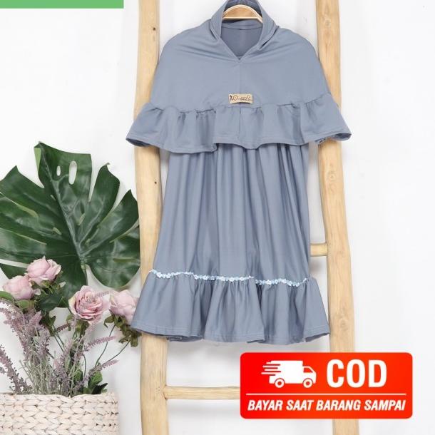 baju gamis putih polos anak fashion muslim dress kids set hijab khimar - Grey, S