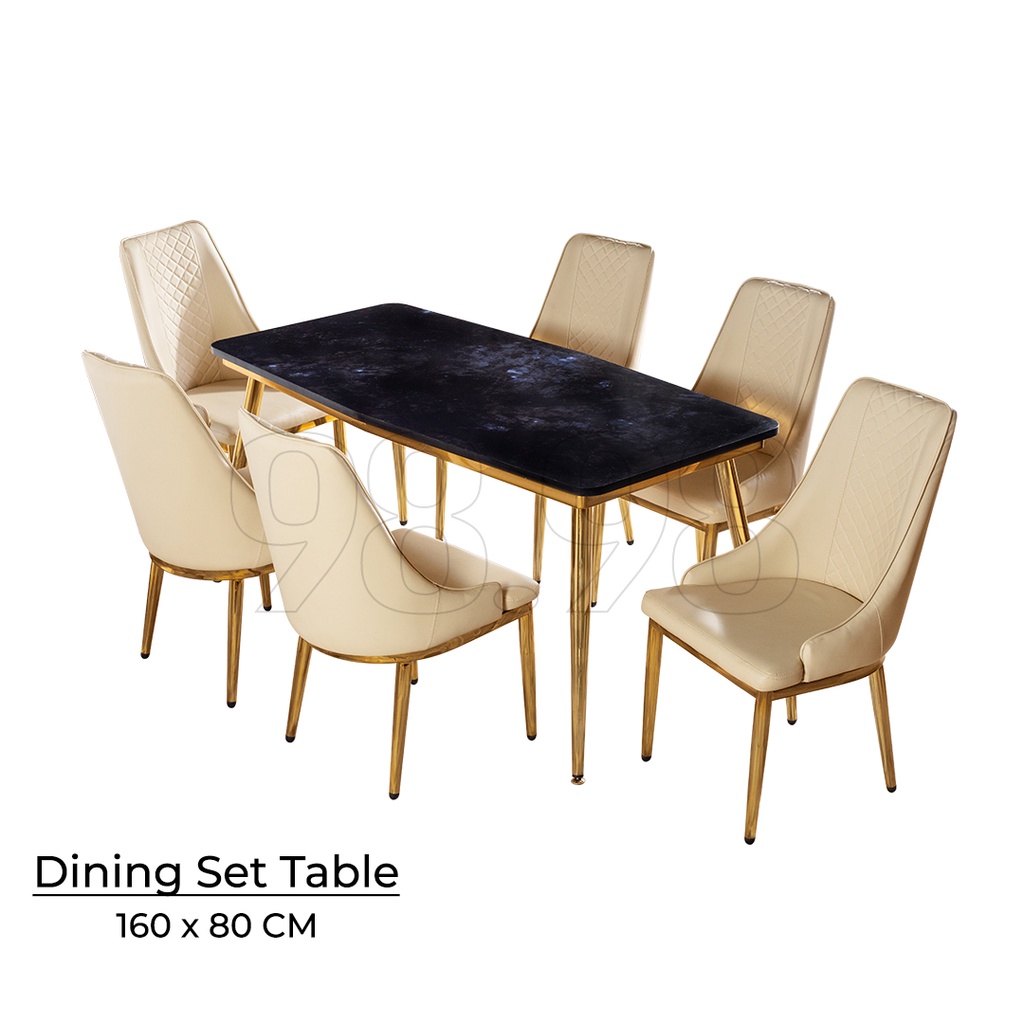Meja Makan Granit Kaki Stainless Gold Mirror 6 Kursi Anti Karat Ukuran 160x80cm - Medan
