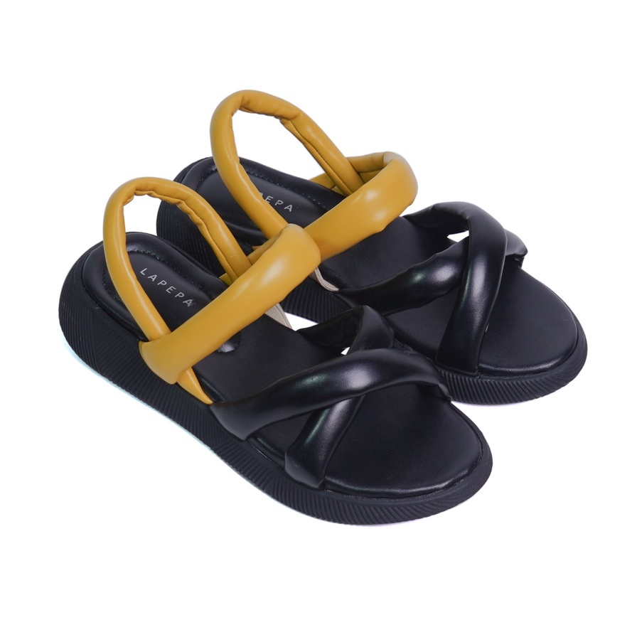 LAPEPA STORE - Sandal Wanita Wedges VIVIAN Black-Yellow | sendal selop pergi wanita dua ban model si