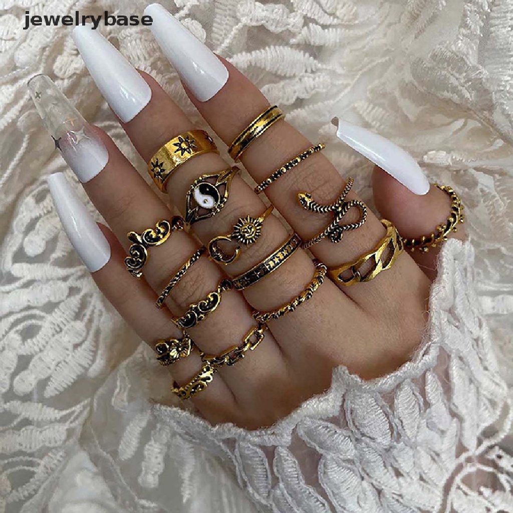 16pcs / Set Cincin Desain Ular Bulan Matahari Bahan Alloy Gaya Retro Untuk Wanita