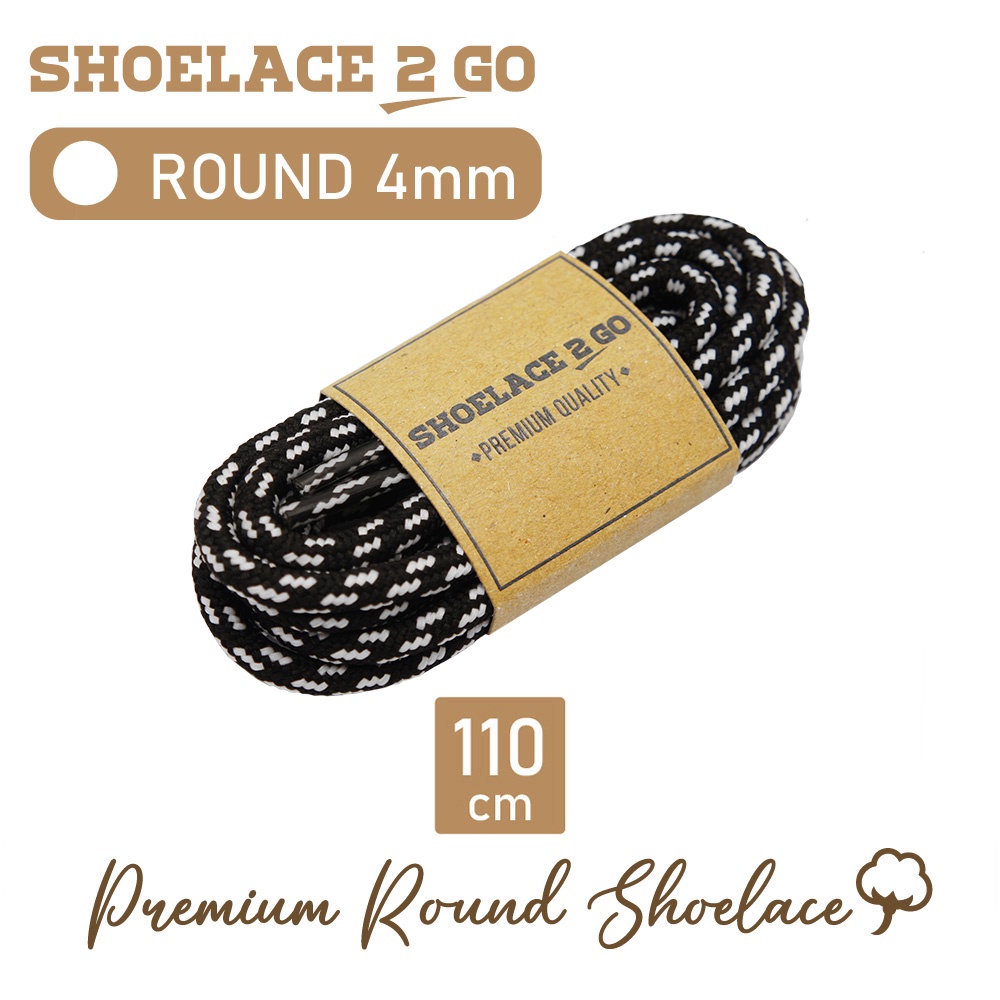 SHOELACE 2 GO PREMIUM TALI SEPATU BULAT ROUND - B2 - BLACK WITH WHITE STRIPES - 110CM