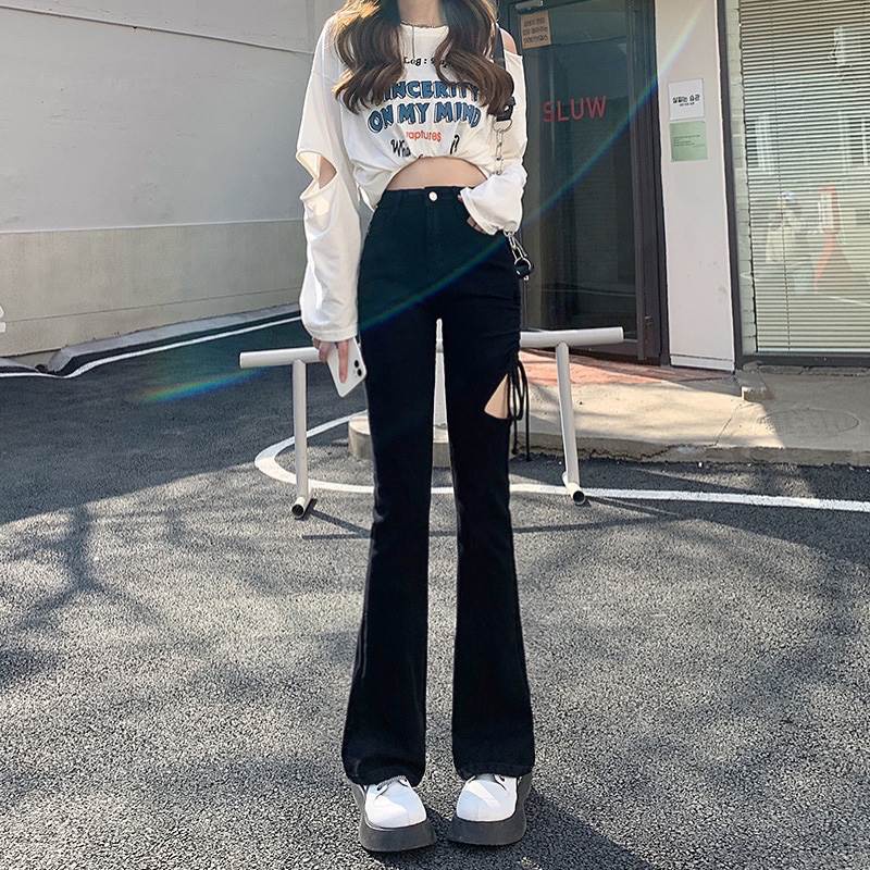 Suhao Rasa Desain Bertali Celana Jeans Robek Wanita Musim Panas 2022 Baru Pinggang Tinggi Pelangsing Kaki Lebar Wanita Mikro Berkobar Horseshoe celana