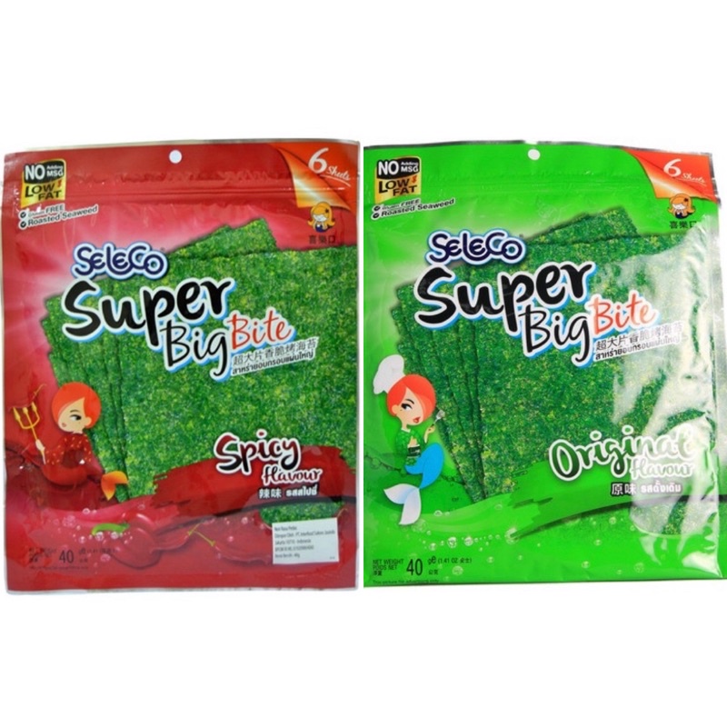 

SELECO Super Big Biter Seaweed 40gr / SELECO / Super / Big / Biter / Seaweed / Original / Spicy / Nori / 6 / Sheet / Rumput / Laut / panggang / rasa