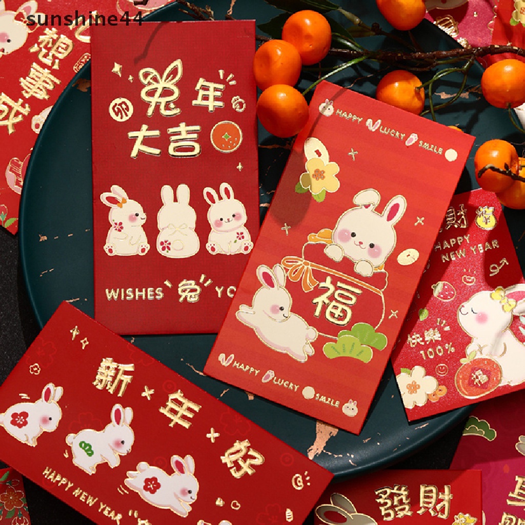 Sunshine 6Pcs Amplop Angpao Tahun Baru Cina / Imlek Warna Merah Motif Kelinci 2023