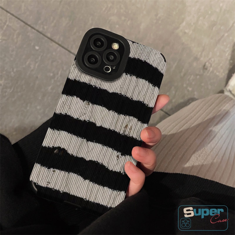 Soft Case Bahan Kulit Tekstur Garis Hitam Putih Gaya Retro Untuk iPhone XR 11 14 13 12 Pro Max X XS Max 7 8 Plus