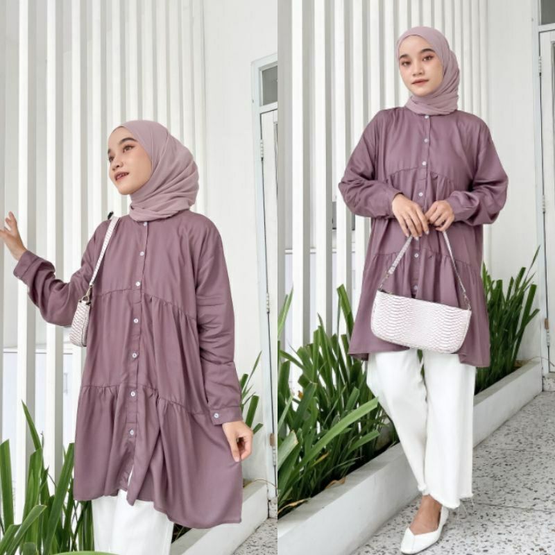 Hanna Tunik Susun Ruffle Polos Jumbo Oversize LD 120 Full Kancing Bahan Rayon Premium