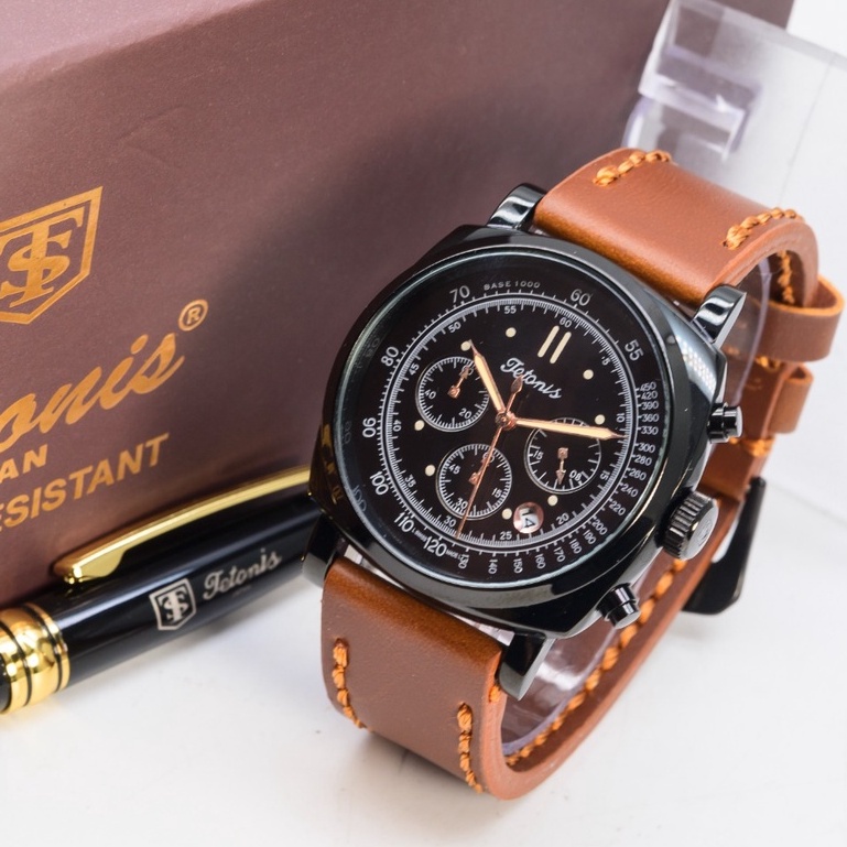 BEST SELLER JAM TANGAN PRIA TETONIS R145 TALI KULIT CHRONO AKTIF TANGGAL AKTIF DM 4.6CM FREE PULPEN, BOX ORI &amp; BATERAI || JAM TANGAN FASHION PRIA JAM TANGAN COWOK MURAH