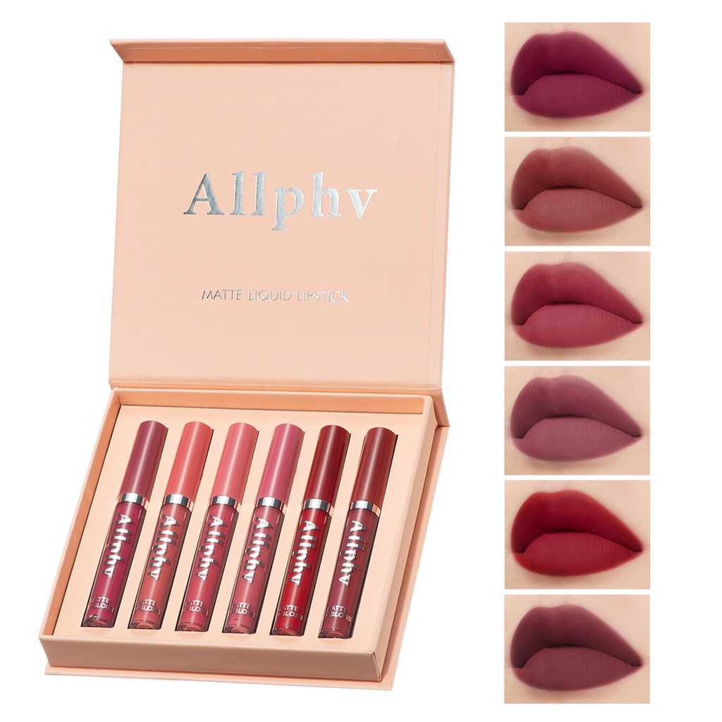 【ORI】Allphv LipMatte Gloss Set Matte Liquid Lipstick  Lipstik paket 6 warna  Long-Lasting Wear Non-Stick Cup