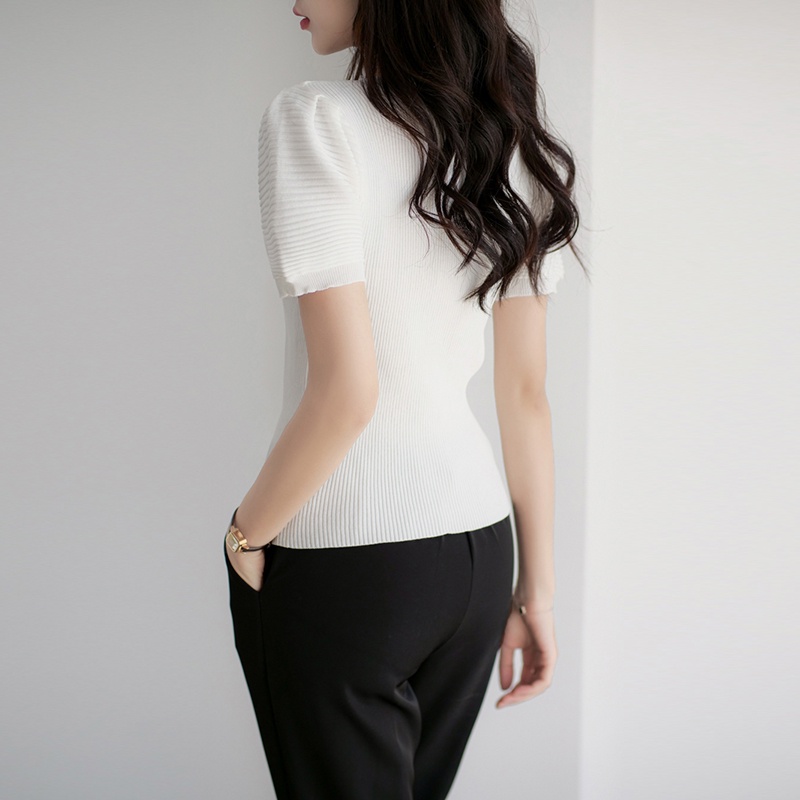 【Elegant】Korean Retro Soft Knit V Neck T-Shirt 2354