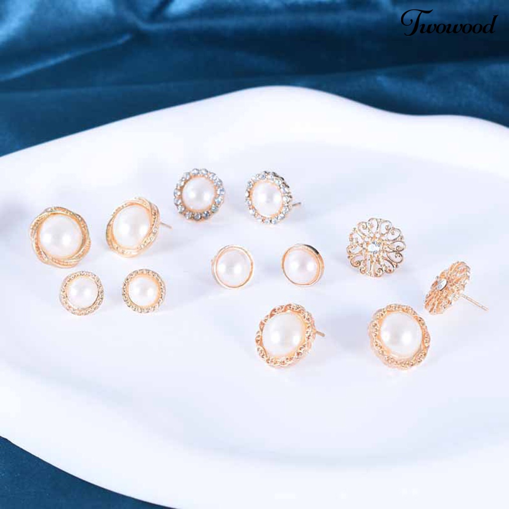 6 Pasang Anting Stud Desain Bunga Mutiara Berlian Imitasi Bentuk Bulat Untuk Wanita