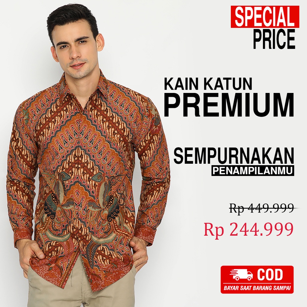 KEMEJA BATIK PRIA Lengan Panjang Premium Parang Seling Kusumo Oranye Coklat 726462 Cap 72 - Baju Kemeja Atasan Pakaian Setelan Batik Pria Cowok Laki Laki Remaja Keluarga Kantor Lengan Panjang Modern Slimfit Slim Fit Premium Kekinian