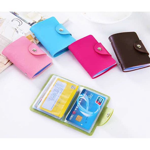 Dompet kartu nama kancing bahan kulit sintetis PU 12 slot