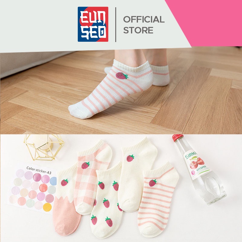 EUNSEO Kaos Kaki Semata Kaki Pendek Fashion Korea Motif Strawberry Merah Kaoskaki Pendek Wanita Premium