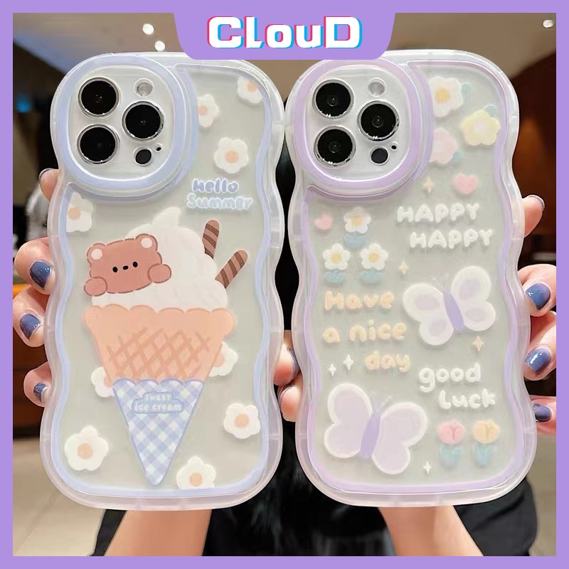 Ice Cream Kartun Beruang Lucu Case Samsung A04s A50 A04 A14 A13 A22 A32 A03s A02s A23 A11 A53 M32 A33 A30s A21s A20 A51 A03 A12 A52 A50s A52s A31 Wavy Edge Fresh Flower Soft Cover