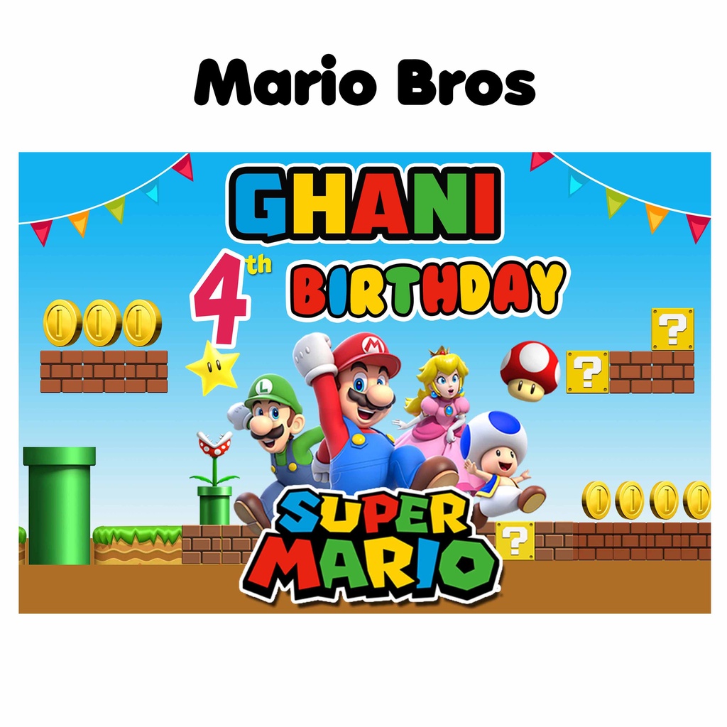 Super Mario Bros/Backdrop ulang tahun Super Mario Bros, Banner, Spanduk custom, Banner happy birthda