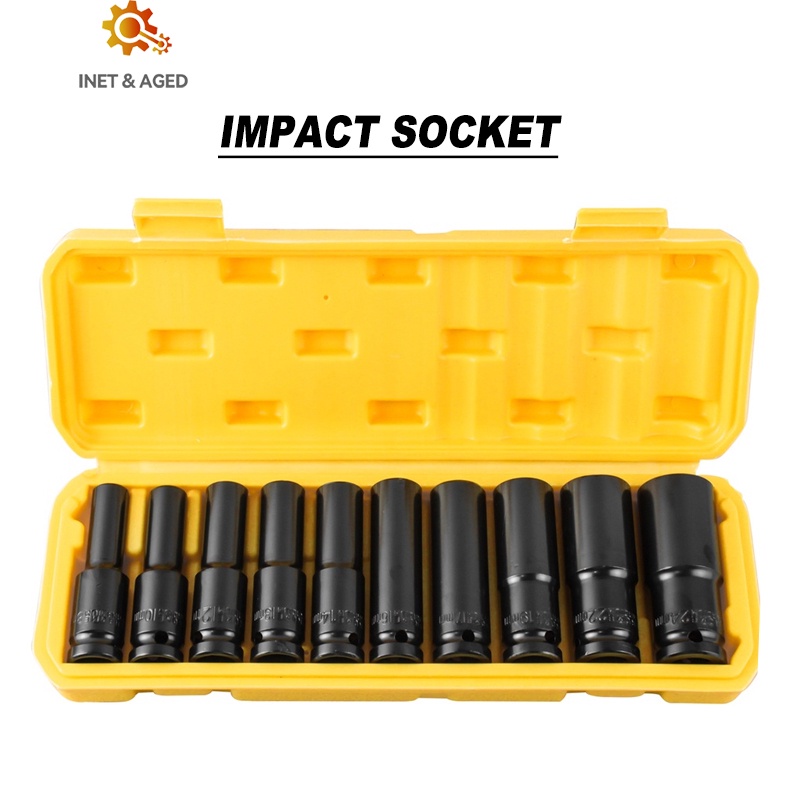 INT Impact Socket Set 10Pcs 1/2 Inch 8-24MM Extension Impact Socket Panjang Mencapai Soket Nut Perbaikan AlaT