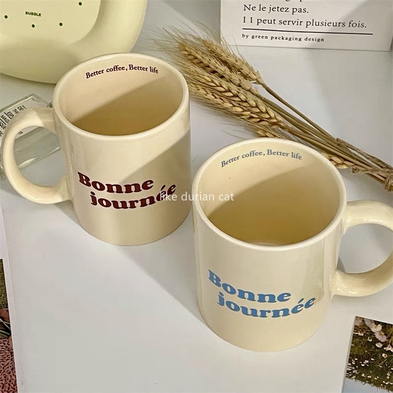 BONNE JOURNEE GELAS / KOREAN AESTHETIC MUG / GELAS KOPI SUSU TEH JUS / GELAS KERAMIK TEBAL / GELAS LUCU / CANGKIR / GLASS / COFFEE MILK MUG