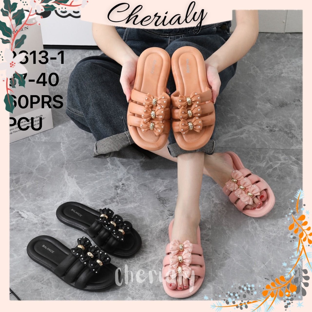 PVC Sandal Slop Jelly Wanita BALANCE Motif Bandul Mutiara Pita Bahan Karet Elastis Empuk Tebal Sol Rubber Anti Slip 9613-1