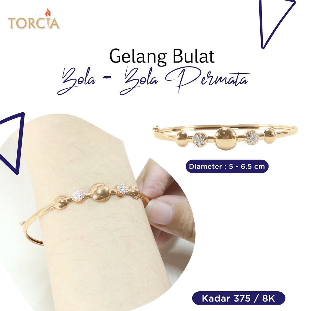 Gelang Bulat Emas Asli Bola-Bola Permata Kadar 375 Torcia