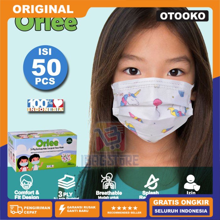 Masker Anak Medis Bedah 3ply 3 ply Orlee Embos Earloop Kids isi 50 - Unicorn Orlee