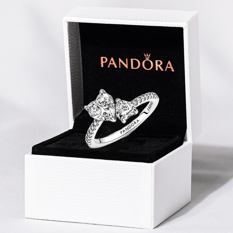 Pandora Cincin Sterling Silver 925 Desain Hati Ganda Hias Cubic Zirconia Untuk Wanita