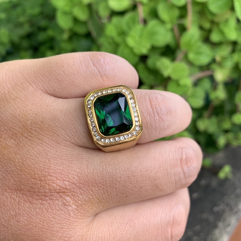 Cincin Batu Zamrud Green Emerald Cubic Zirconia Mewah Ring Gold Titanium Anti Luntur Tahan Karat