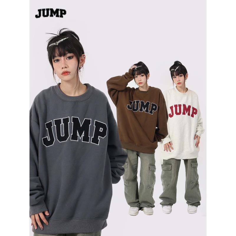 JUMPNEXT Guochao merek American retro suede patch bordir huruf musim dingin plus beludru longgar pasangan sweater leher bulat