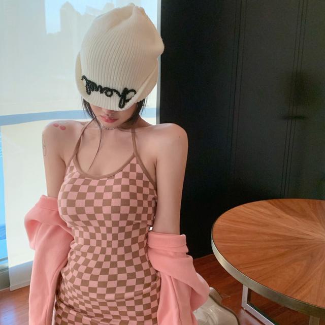 Red One-piece suit design feeling checkerboard slim slim sexy hot girl strap dress cardigan knitted jacket female